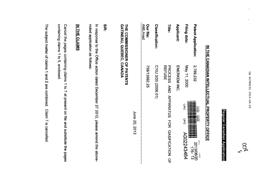 Canadian Patent Document 2789232. Prosecution-Amendment 20130620. Image 1 of 5