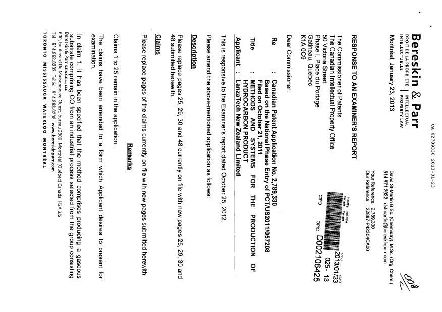 Document de brevet canadien 2789330. Poursuite-Amendment 20121223. Image 1 de 16