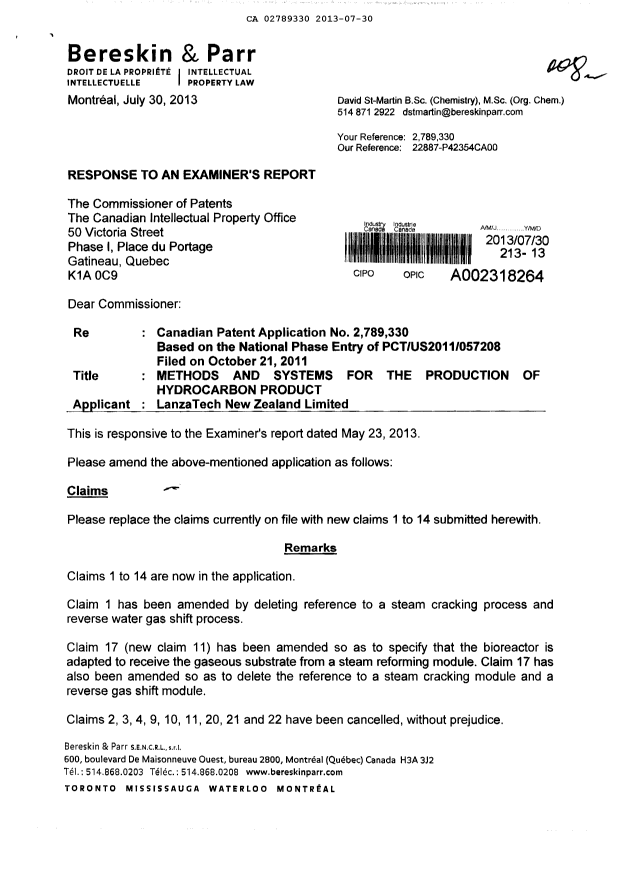 Canadian Patent Document 2789330. Prosecution-Amendment 20121230. Image 1 of 6