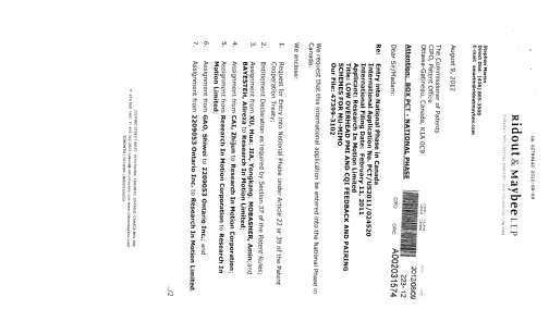 Canadian Patent Document 2789442. Assignment 20120809. Image 1 of 28