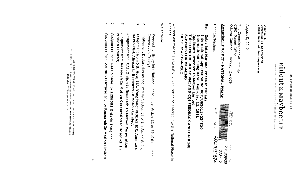 Document de brevet canadien 2789442. Cession 20120809. Image 1 de 28