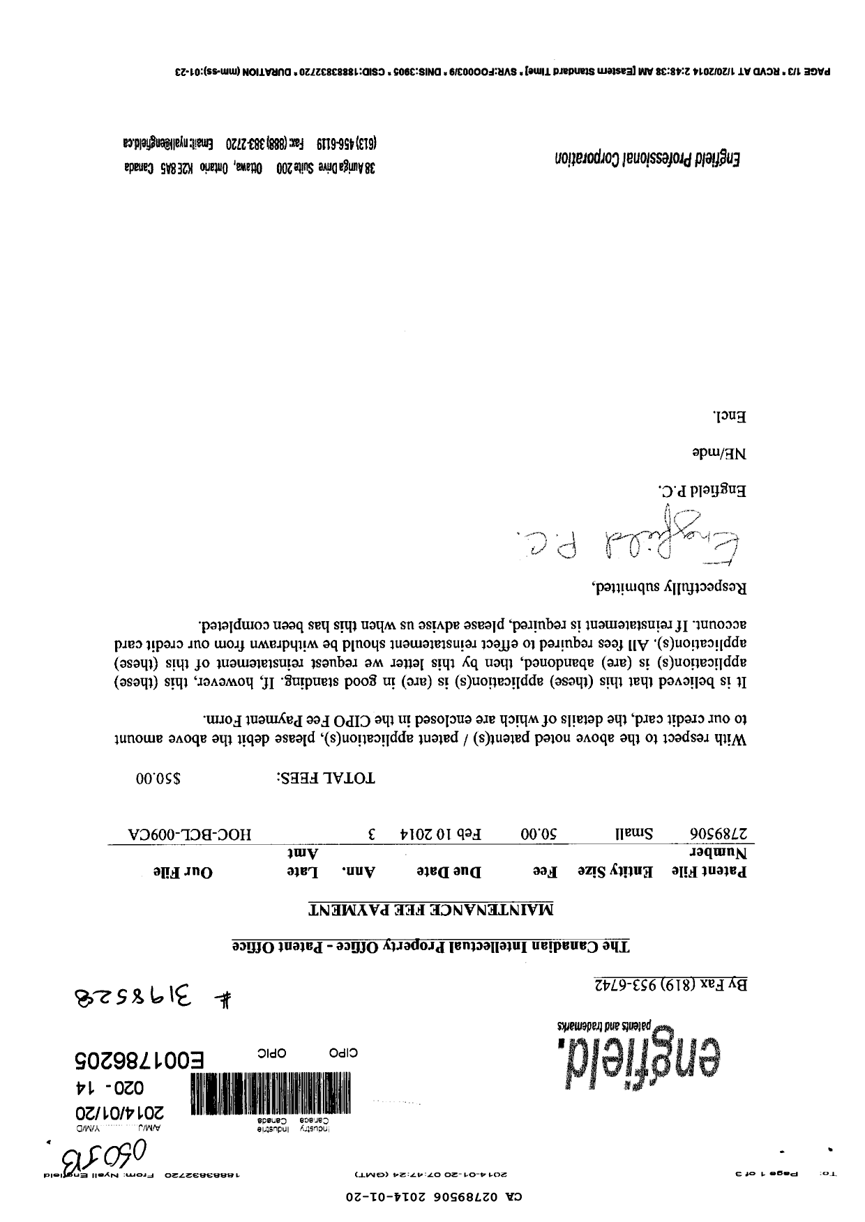 Document de brevet canadien 2789506. Taxes 20131220. Image 1 de 1