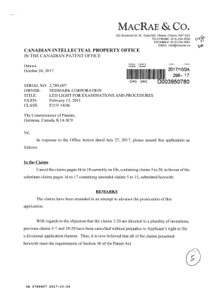 Document de brevet canadien 2789607. Modification 20171024. Image 1 de 5