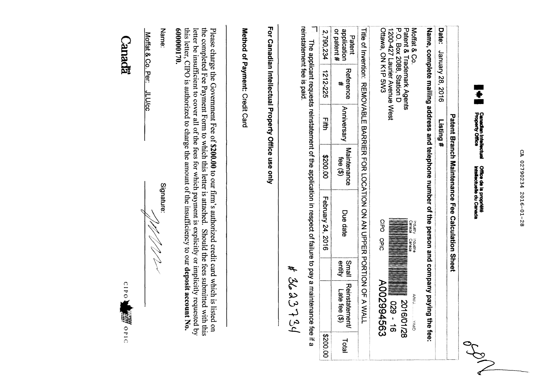 Canadian Patent Document 2790234. Maintenance Fee Payment 20160128. Image 1 of 1
