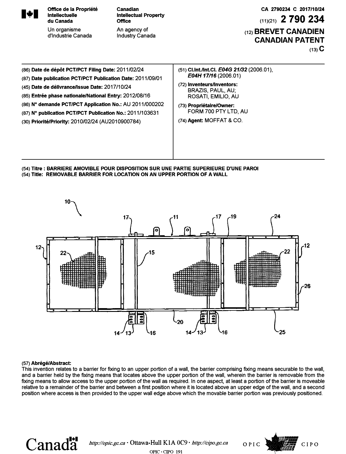 Document de brevet canadien 2790234. Page couverture 20170925. Image 1 de 1