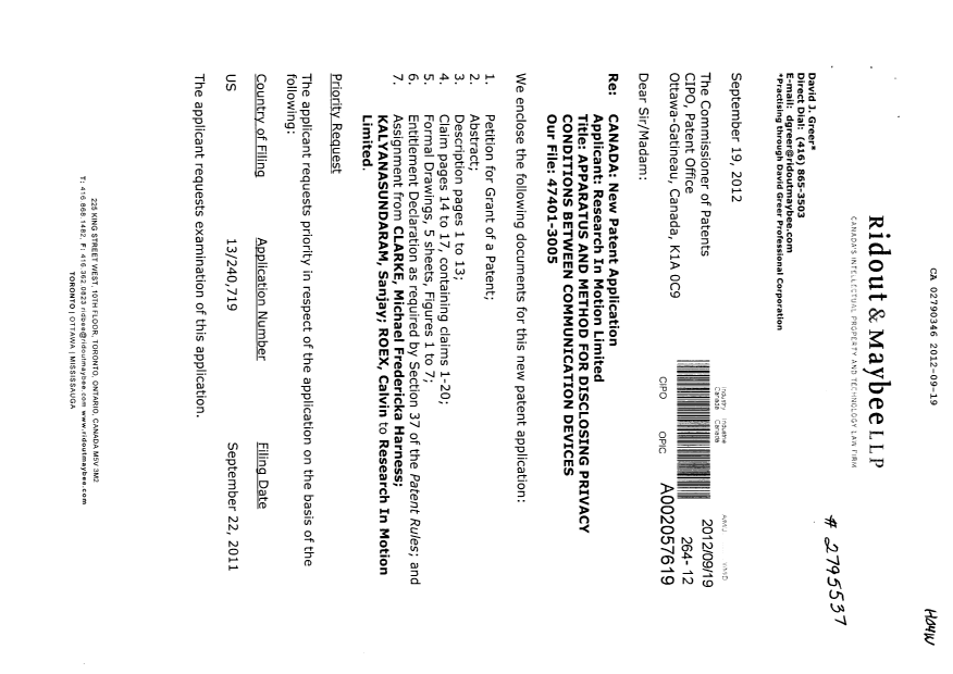 Document de brevet canadien 2790346. Cession 20120919. Image 1 de 10