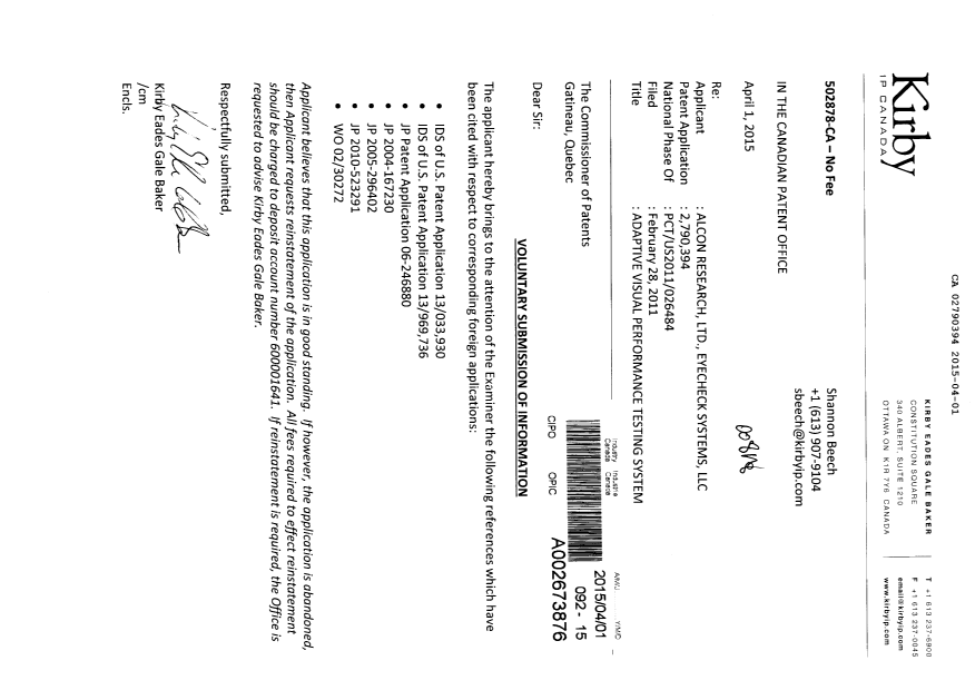 Document de brevet canadien 2790394. Poursuite-Amendment 20150401. Image 1 de 1
