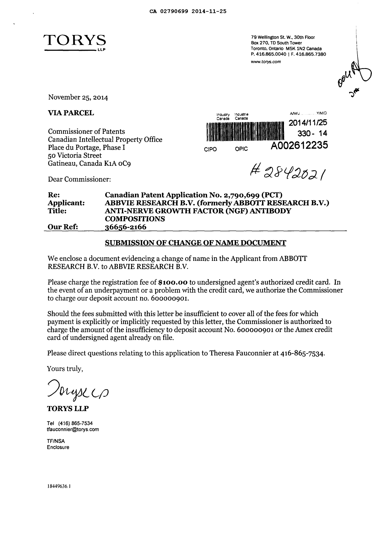 Document de brevet canadien 2790699. Cession 20141125. Image 1 de 4