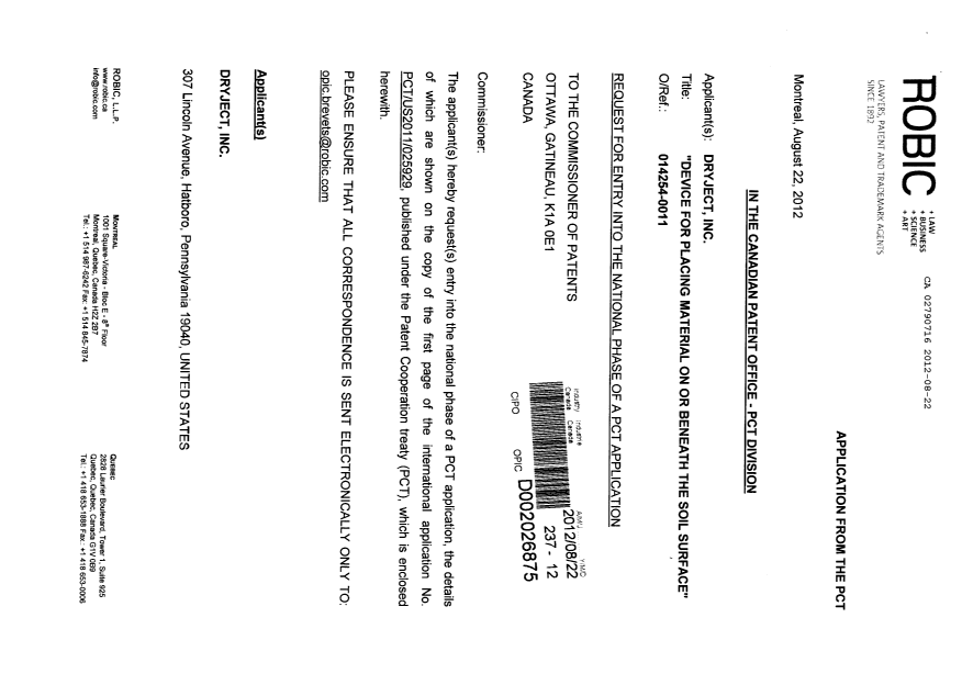 Document de brevet canadien 2790716. Cession 20120822. Image 1 de 5