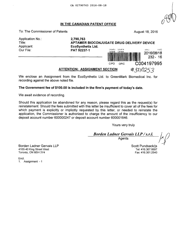 Document de brevet canadien 2790763. Cession 20160818. Image 1 de 4
