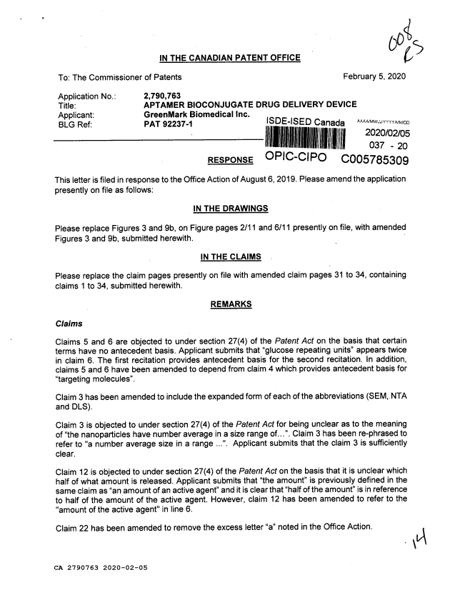 Canadian Patent Document 2790763. Amendment 20200205. Image 1 of 14