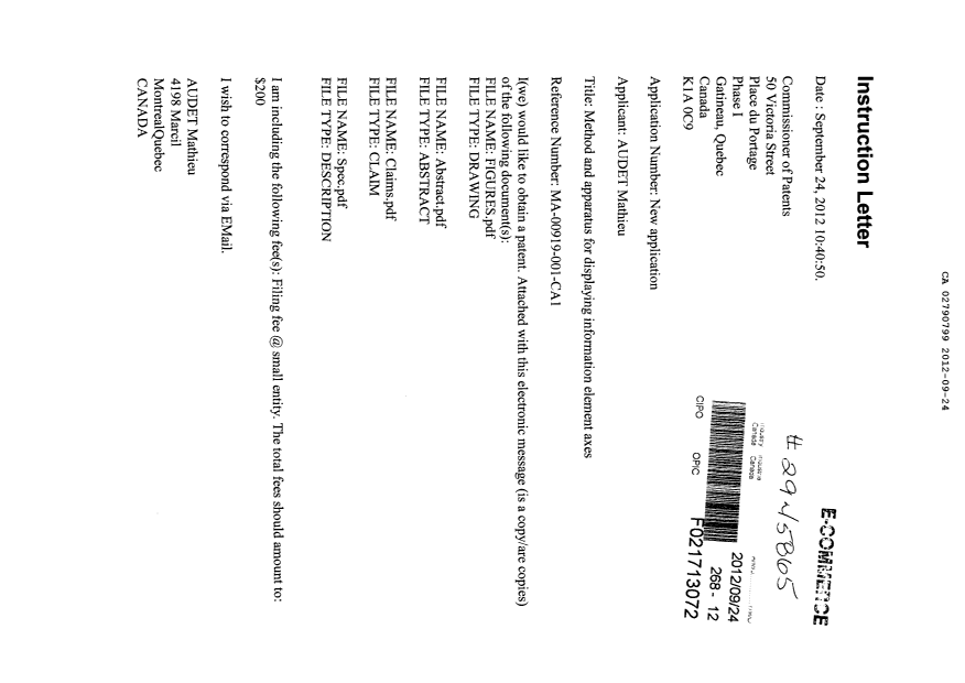 Document de brevet canadien 2790799. Cession 20120924. Image 1 de 3