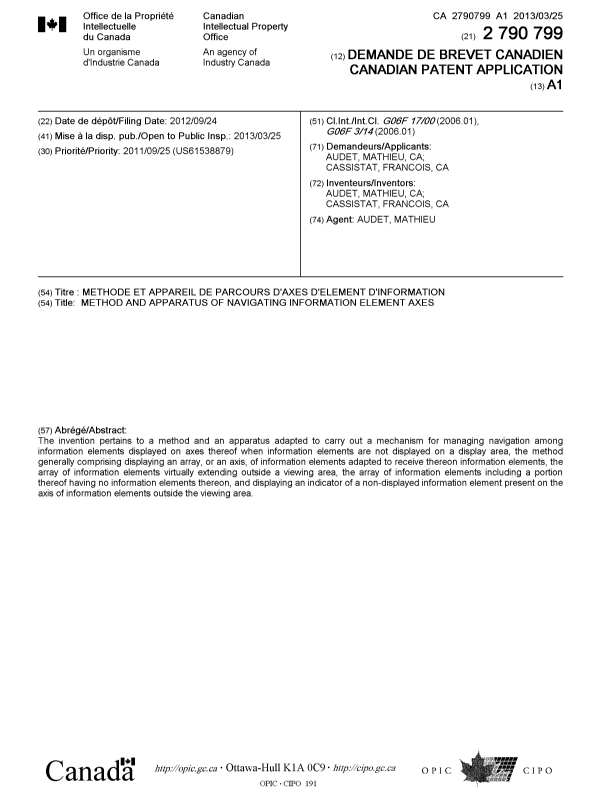 Canadian Patent Document 2790799. Cover Page 20130318. Image 1 of 1