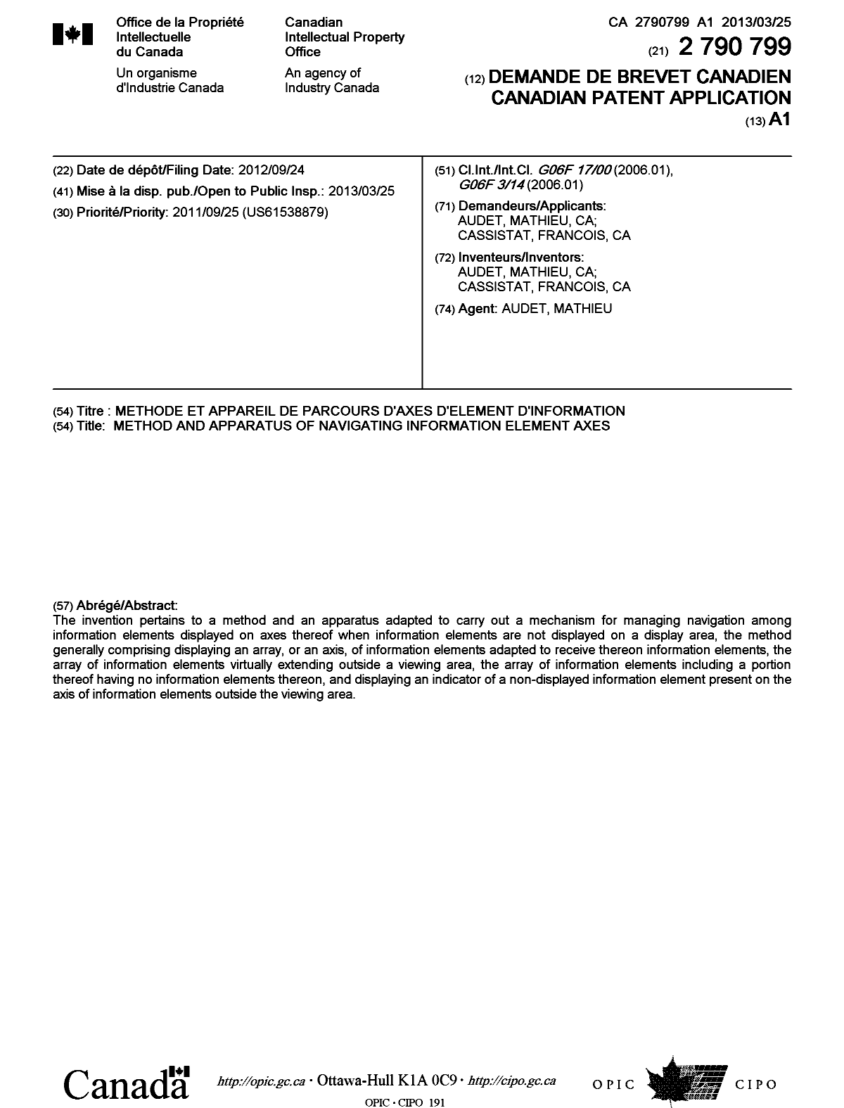 Document de brevet canadien 2790799. Page couverture 20130318. Image 1 de 1