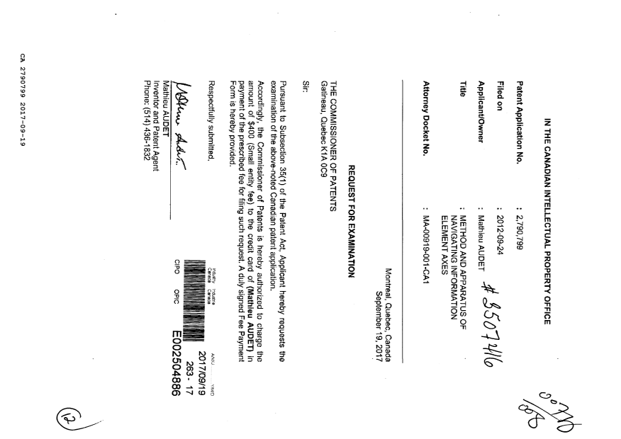 Document de brevet canadien 2790799. Requête d'examen 20170919. Image 1 de 12