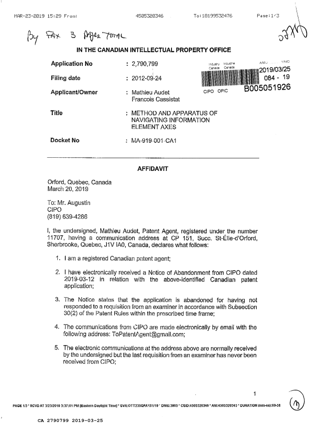 Canadian Patent Document 2790799. Prosecution Correspondence 20190325. Image 1 of 3