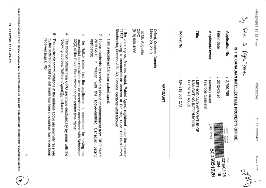 Document de brevet canadien 2790799. Correspondance de la poursuite 20190325. Image 1 de 3