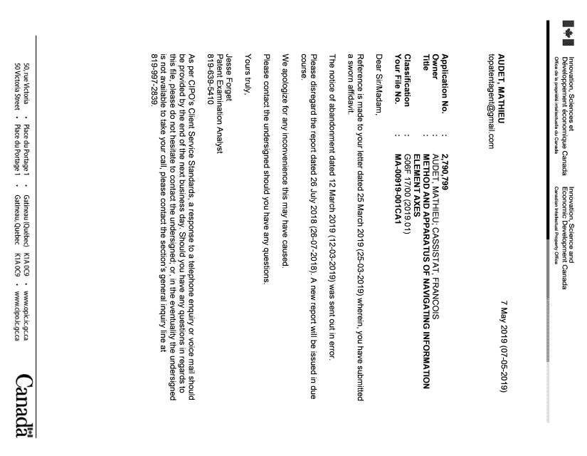 Document de brevet canadien 2790799. Lettre du bureau 20190507. Image 1 de 1