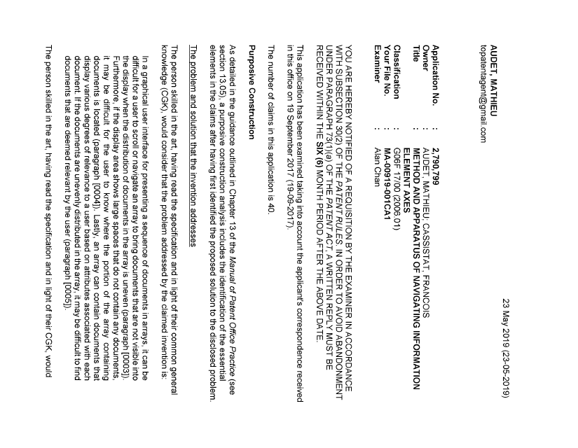 Document de brevet canadien 2790799. Demande d'examen 20190523. Image 1 de 6