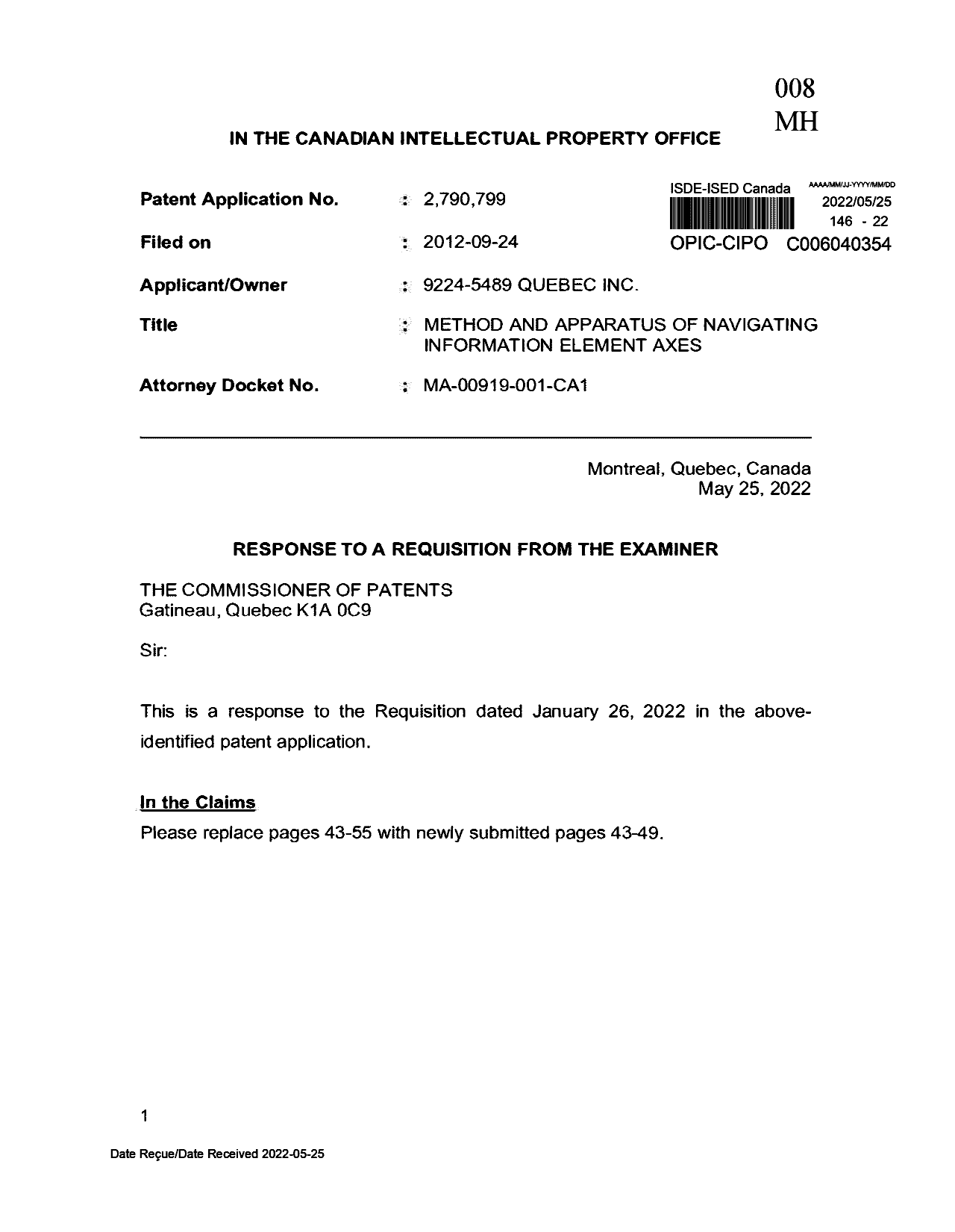 Document de brevet canadien 2790799. Modification 20220525. Image 1 de 22