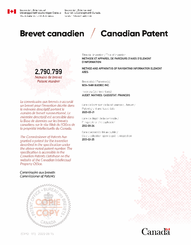 Canadian Patent Document 2790799. Electronic Grant Certificate 20230321. Image 1 of 1