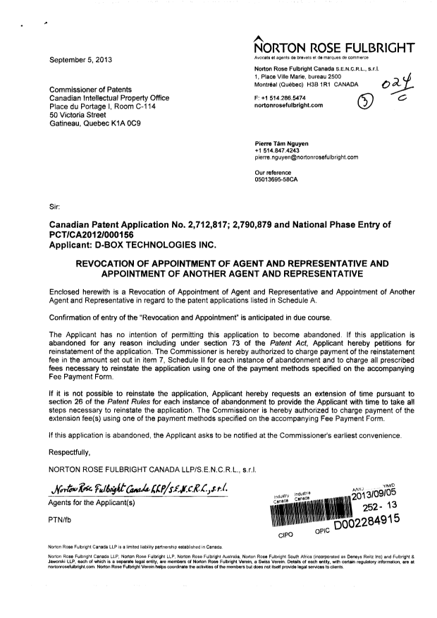 Document de brevet canadien 2790879. Correspondance 20130905. Image 1 de 4