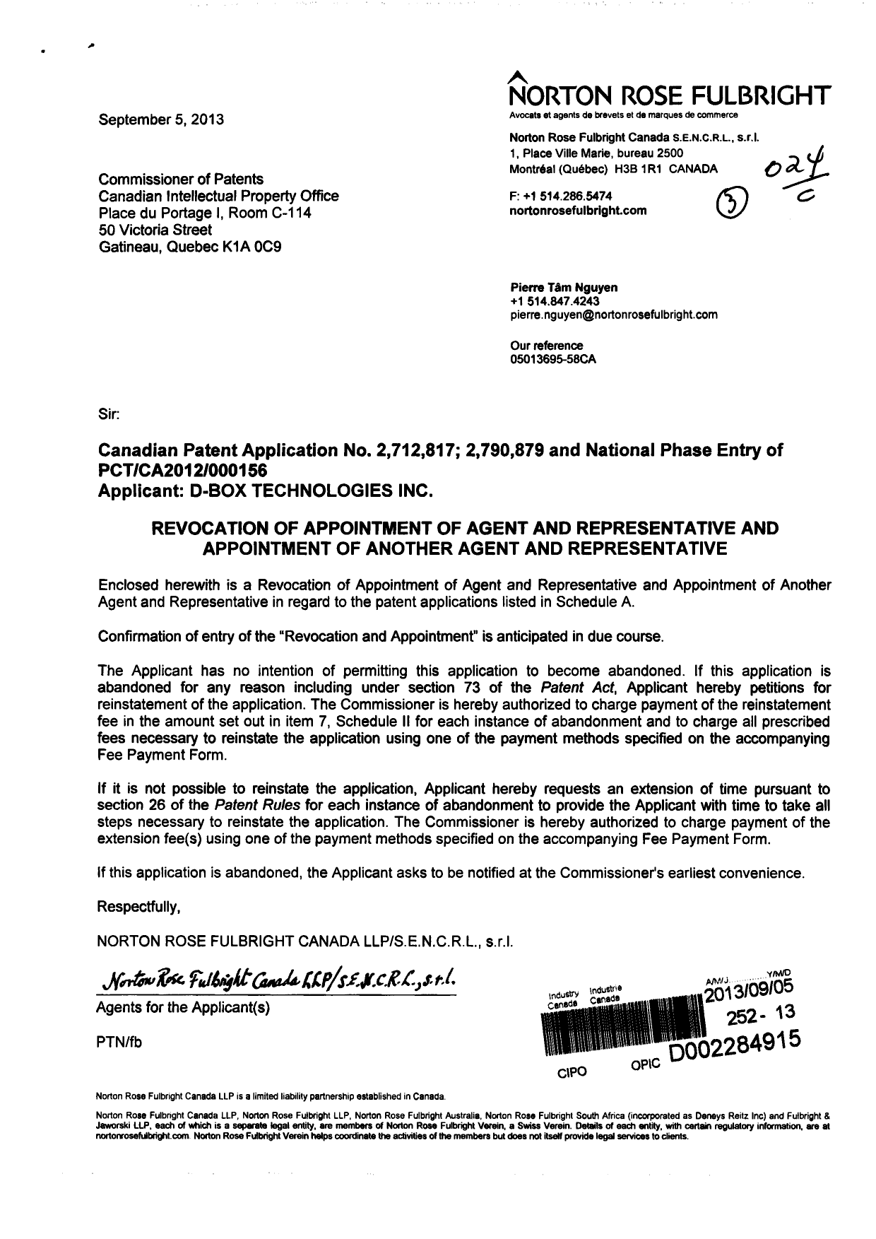 Canadian Patent Document 2790879. Correspondence 20130905. Image 1 of 4