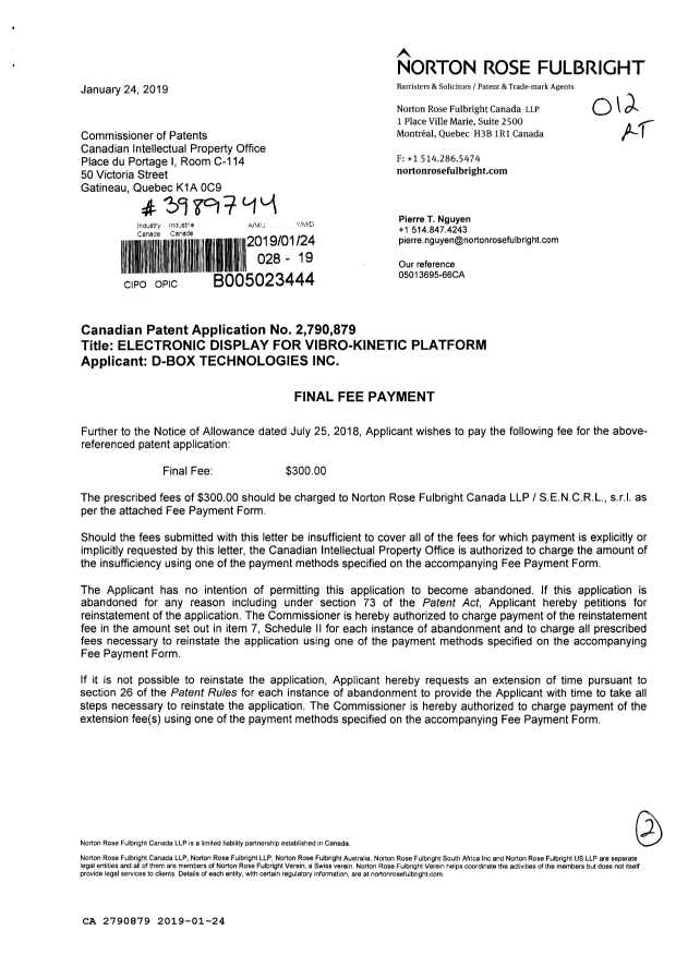 Document de brevet canadien 2790879. Taxe finale 20190124. Image 1 de 2