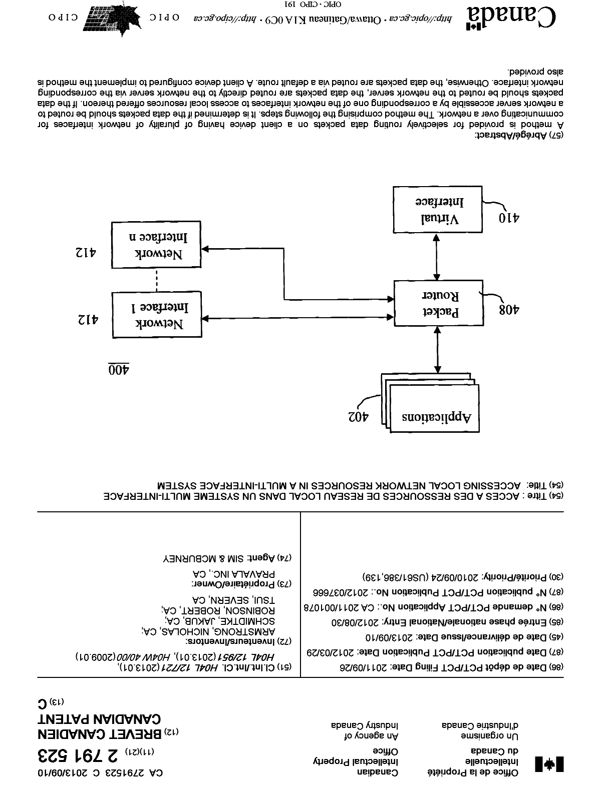 Document de brevet canadien 2791523. Page couverture 20121220. Image 1 de 1