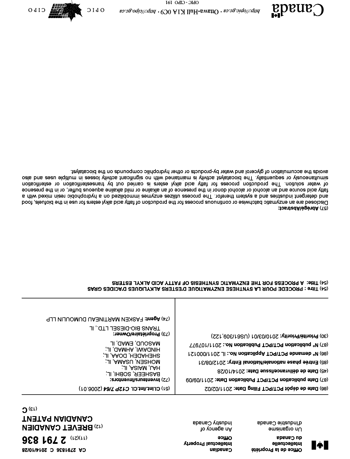 Document de brevet canadien 2791836. Page couverture 20131201. Image 1 de 1