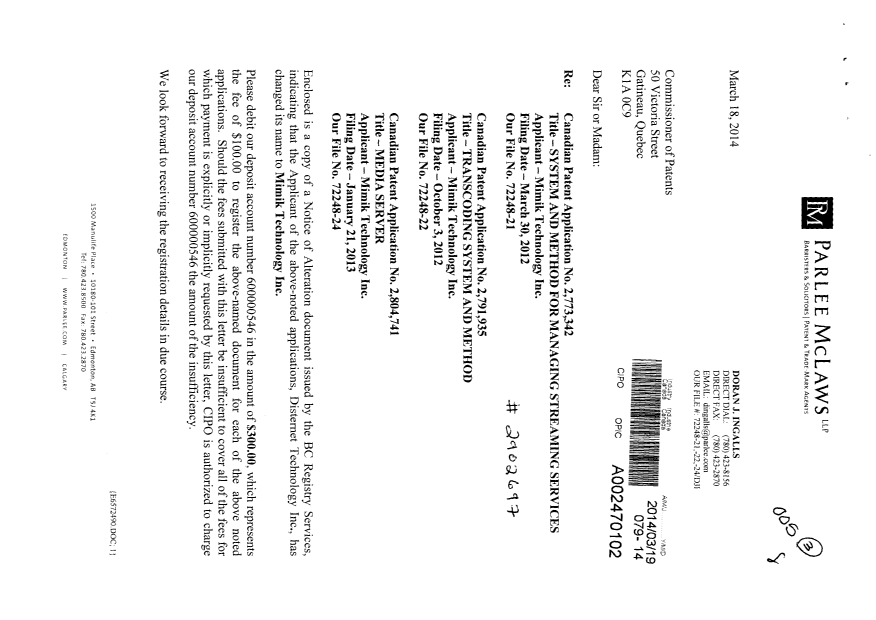 Document de brevet canadien 2791935. Cession 20140319. Image 1 de 3