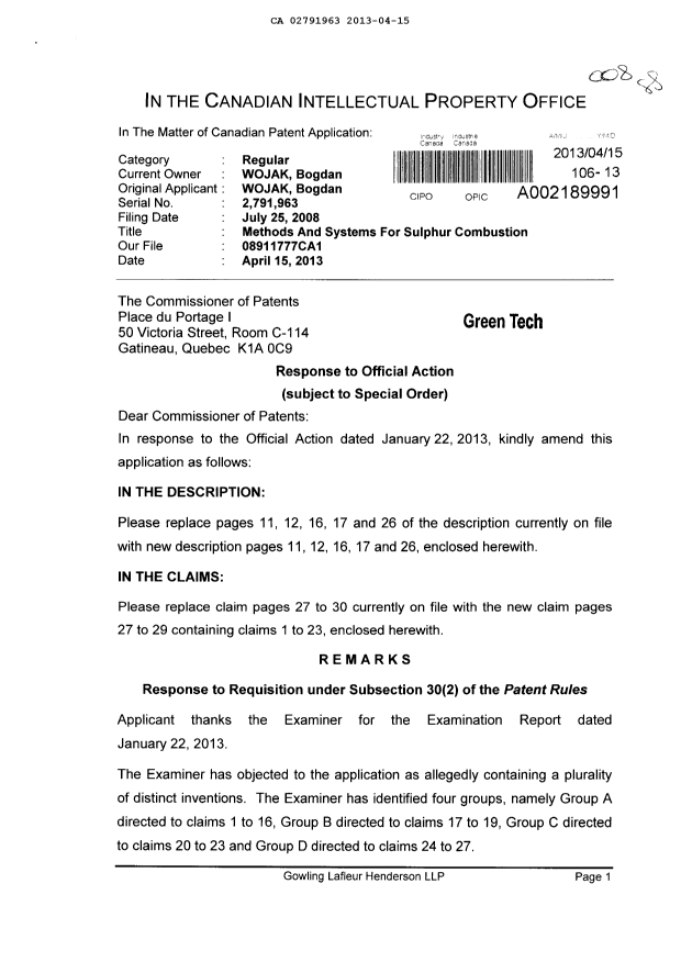 Canadian Patent Document 2791963. Prosecution-Amendment 20121215. Image 1 of 14