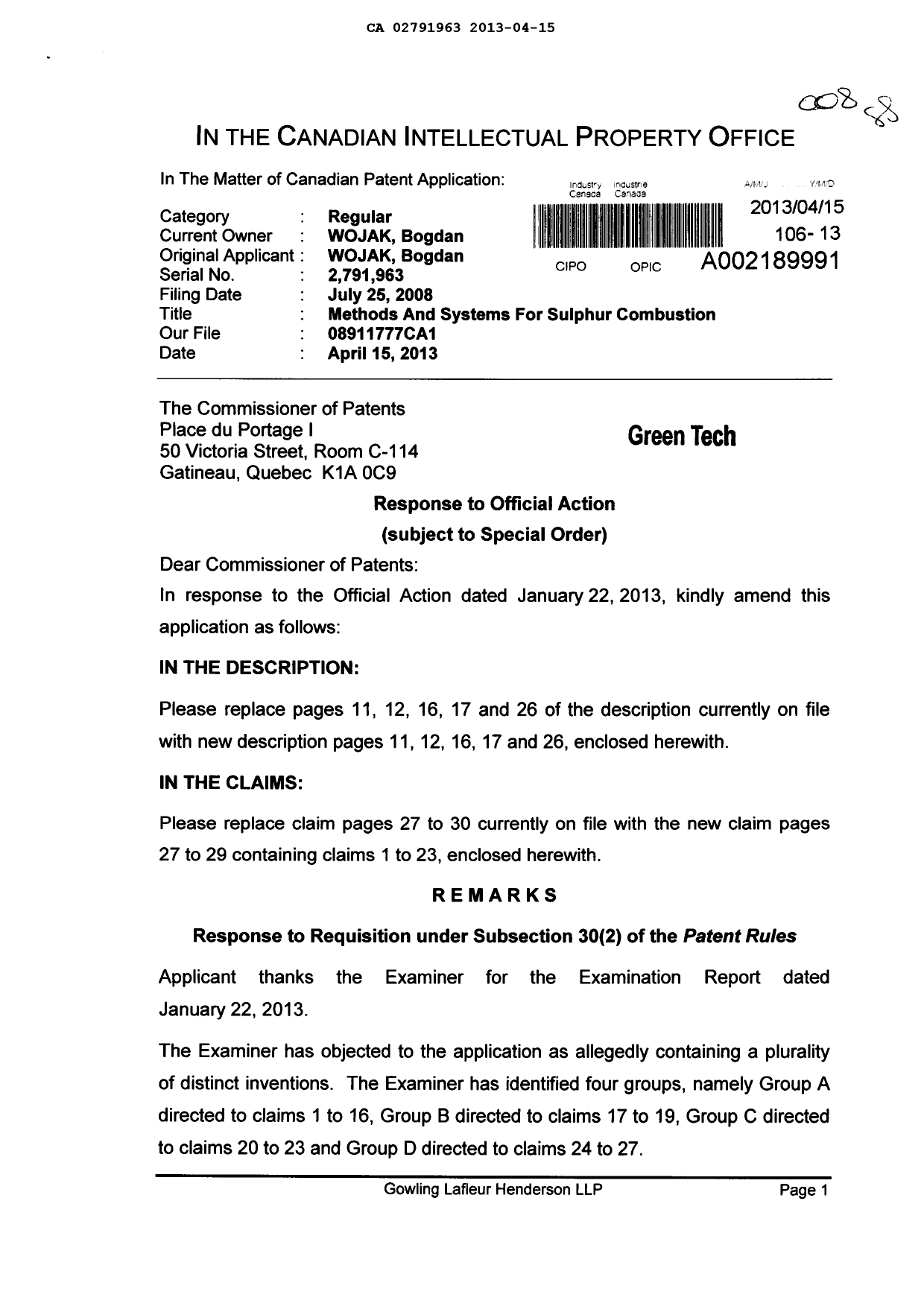 Document de brevet canadien 2791963. Poursuite-Amendment 20121215. Image 1 de 14