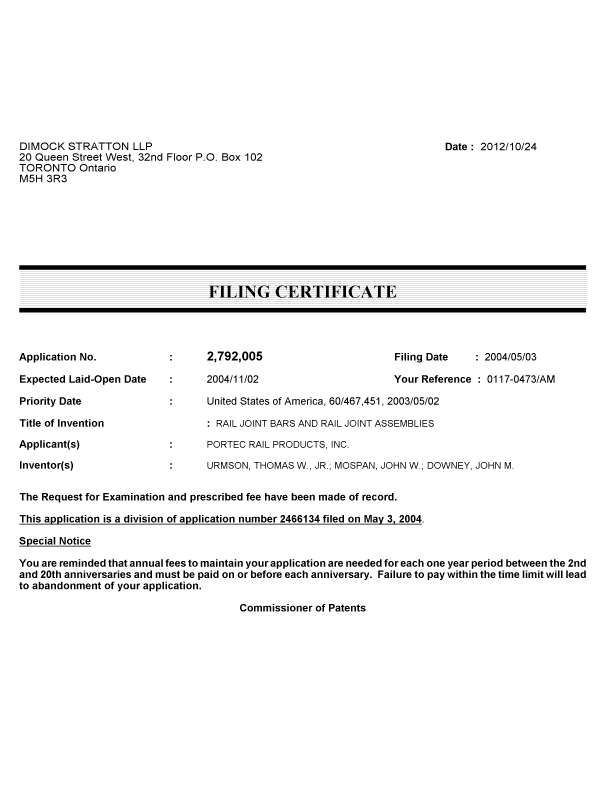 Canadian Patent Document 2792005. Correspondence 20121024. Image 1 of 1