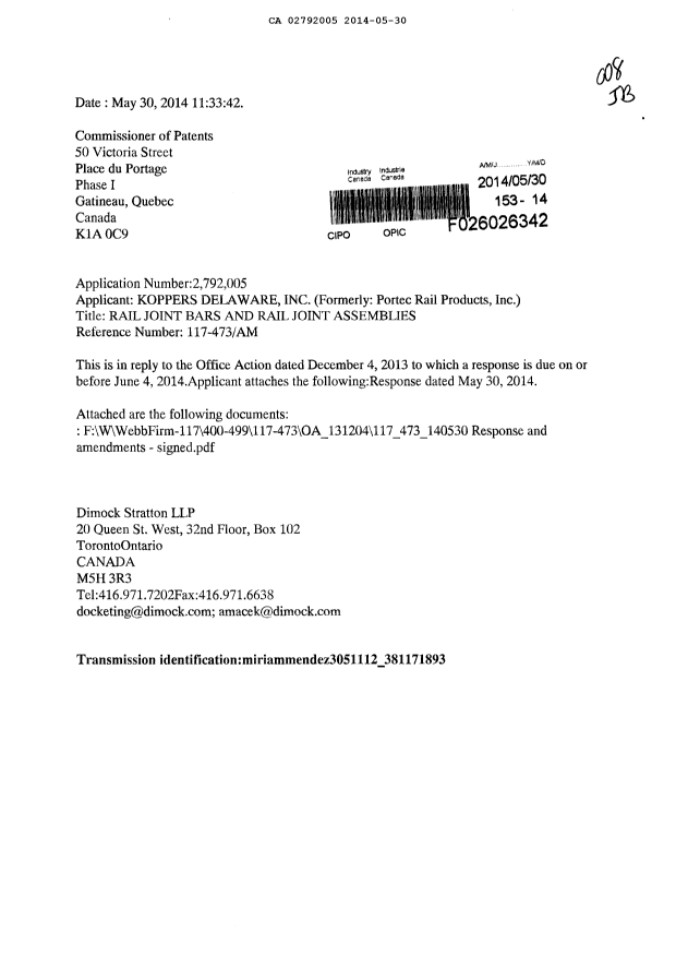 Canadian Patent Document 2792005. Prosecution-Amendment 20140530. Image 1 of 19