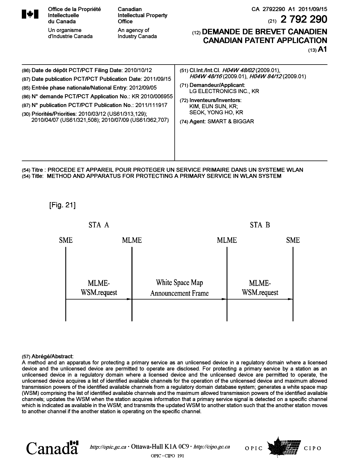 Document de brevet canadien 2792290. Page couverture 20121105. Image 1 de 1