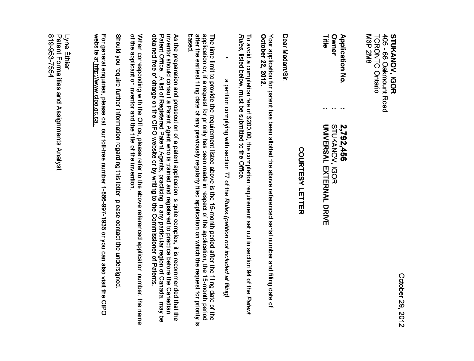 Document de brevet canadien 2792456. Correspondance 20111229. Image 1 de 1