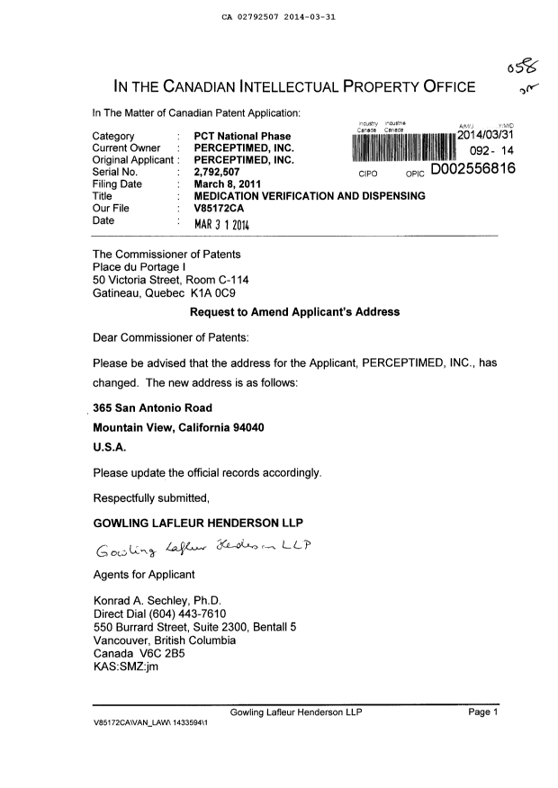Document de brevet canadien 2792507. Correspondance 20140331. Image 1 de 1