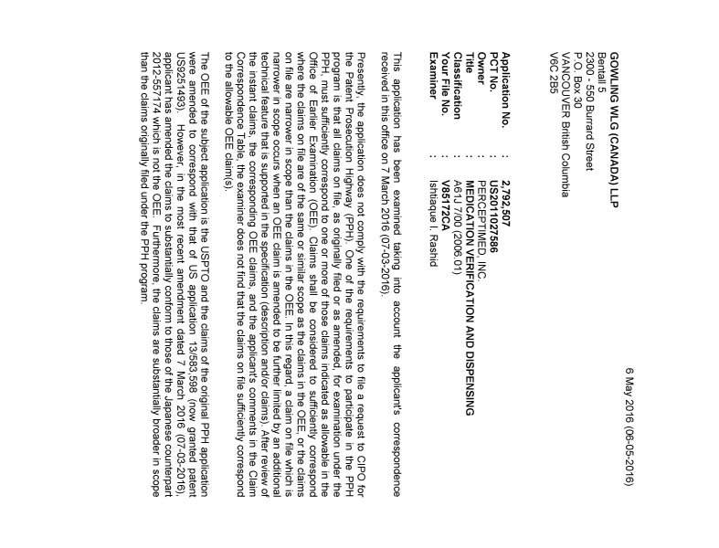 Document de brevet canadien 2792507. Lettre du bureau 20160506. Image 1 de 2