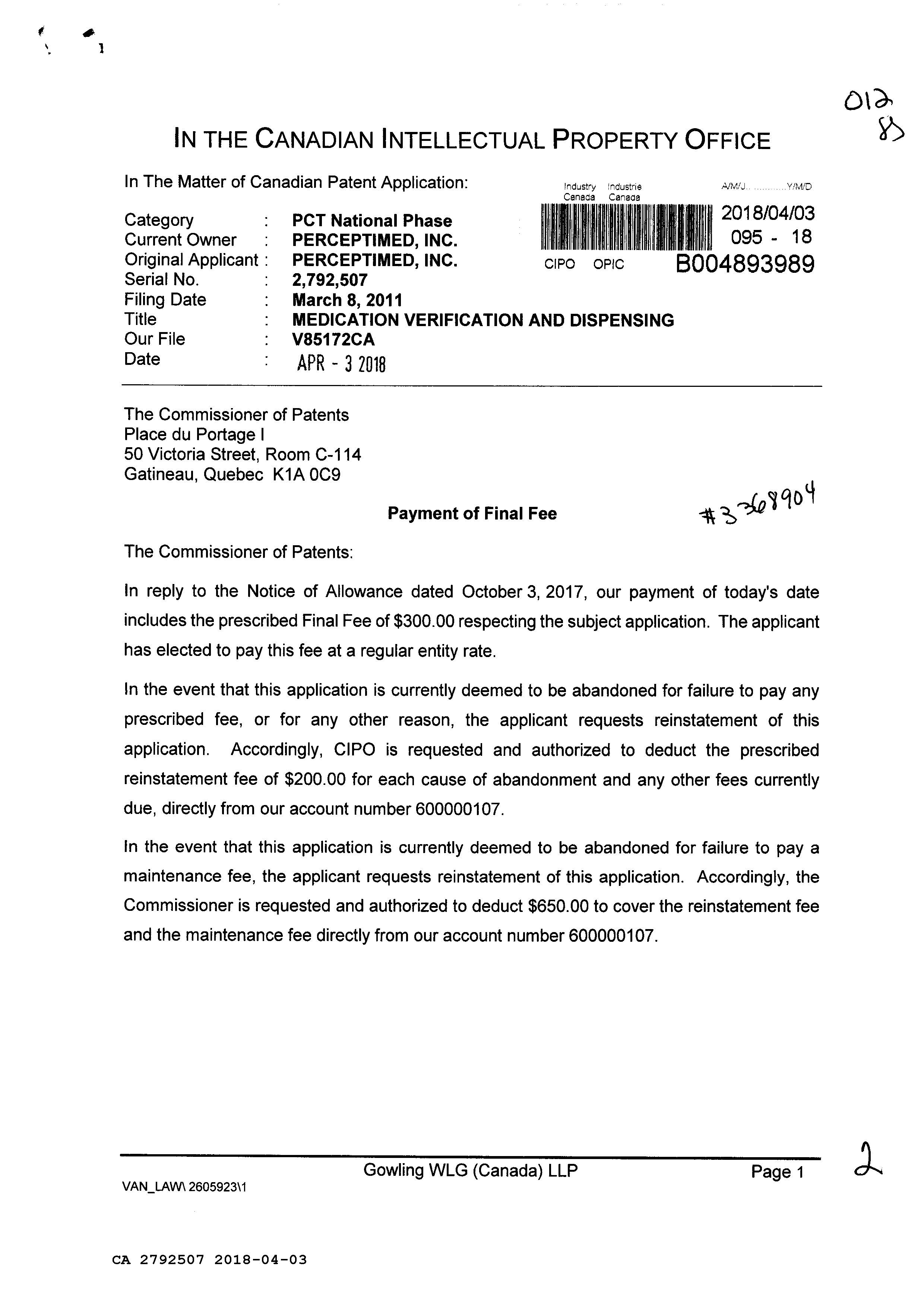 Canadian Patent Document 2792507. Final Fee 20180403. Image 1 of 2