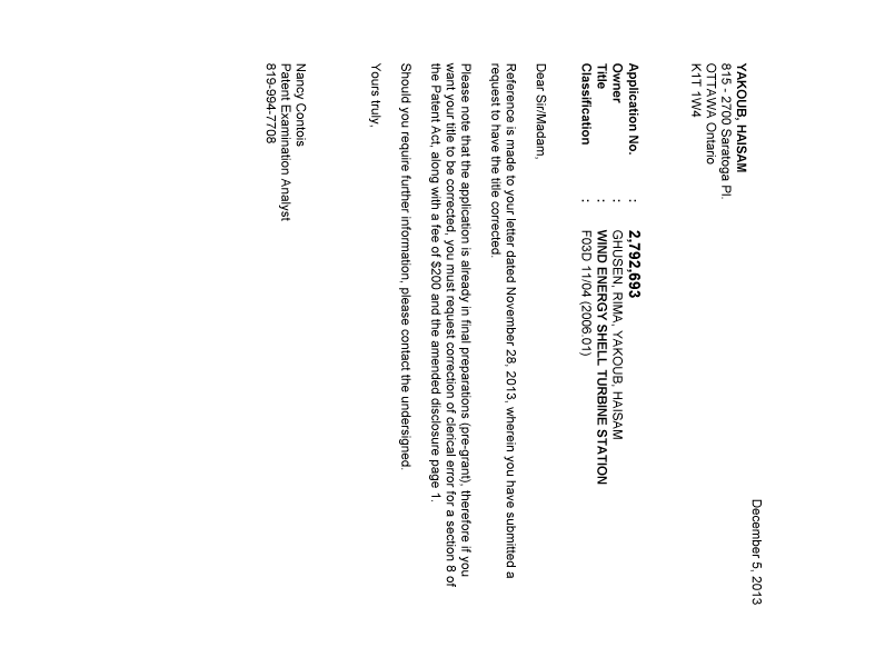 Document de brevet canadien 2792693. Correspondance 20121205. Image 1 de 1
