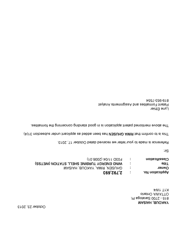 Document de brevet canadien 2792693. Correspondance 20131023. Image 1 de 1