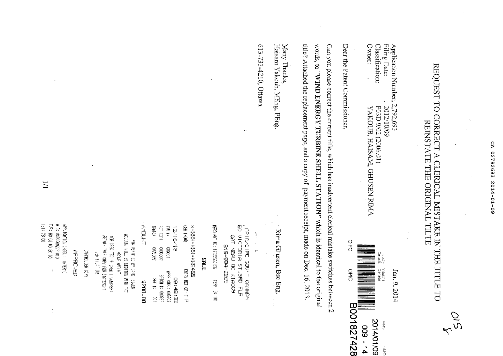 Canadian Patent Document 2792693. Prosecution-Amendment 20131209. Image 1 of 2