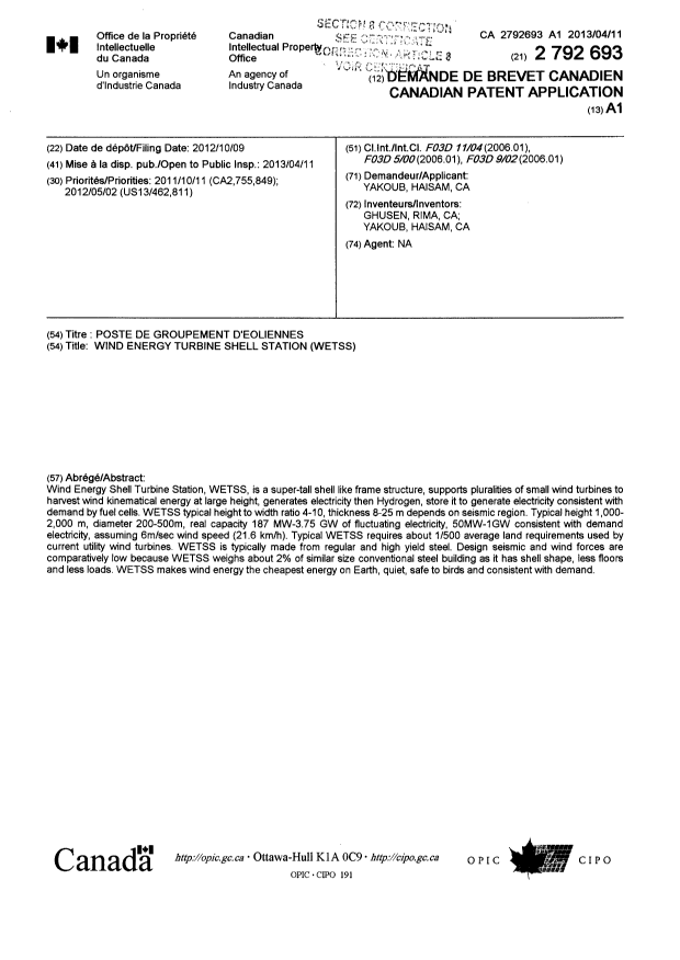 Canadian Patent Document 2792693. Cover Page 20140116. Image 1 of 3