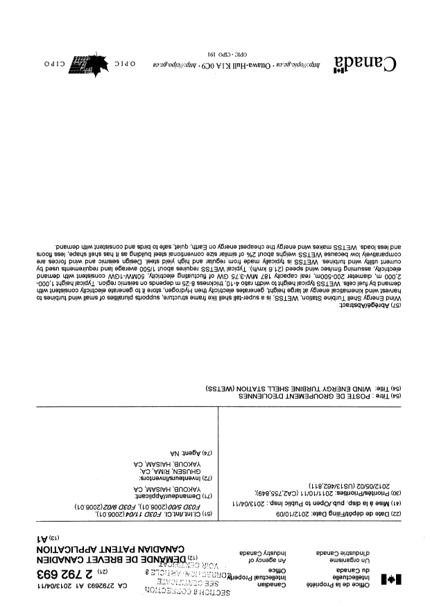 Document de brevet canadien 2792693. Page couverture 20140116. Image 1 de 3