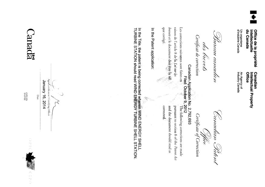 Document de brevet canadien 2792693. Page couverture 20140116. Image 2 de 3
