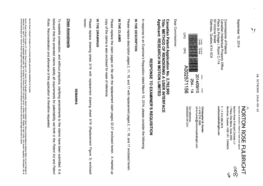 Document de brevet canadien 2792900. Poursuite-Amendment 20140910. Image 1 de 26