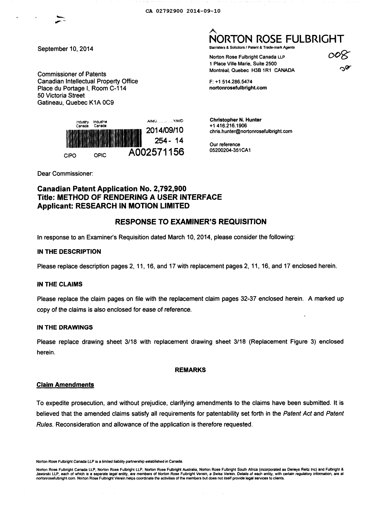 Canadian Patent Document 2792900. Prosecution-Amendment 20140910. Image 1 of 26