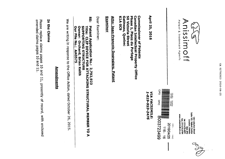 Document de brevet canadien 2792923. Modification 20160425. Image 1 de 10