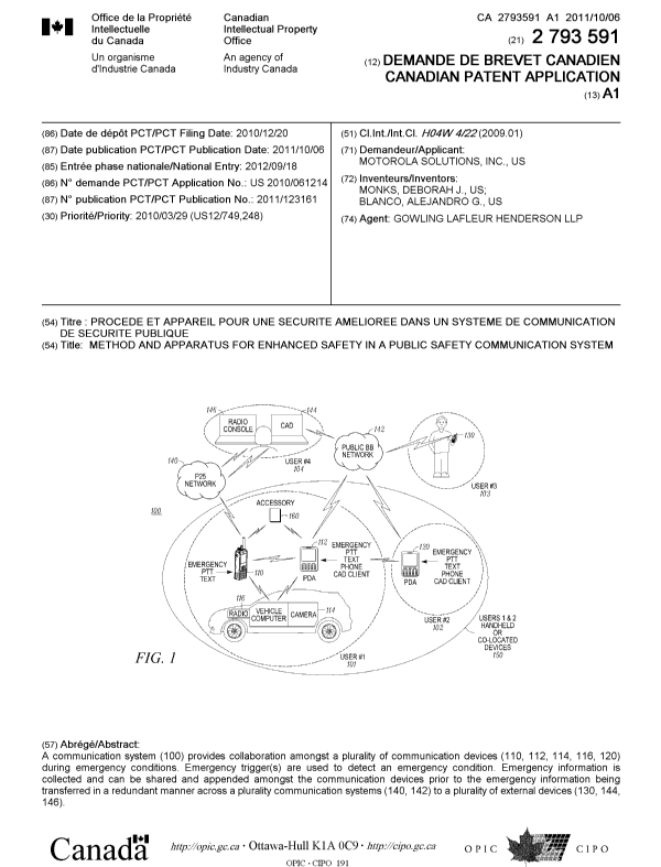Document de brevet canadien 2793591. Page couverture 20121115. Image 1 de 1